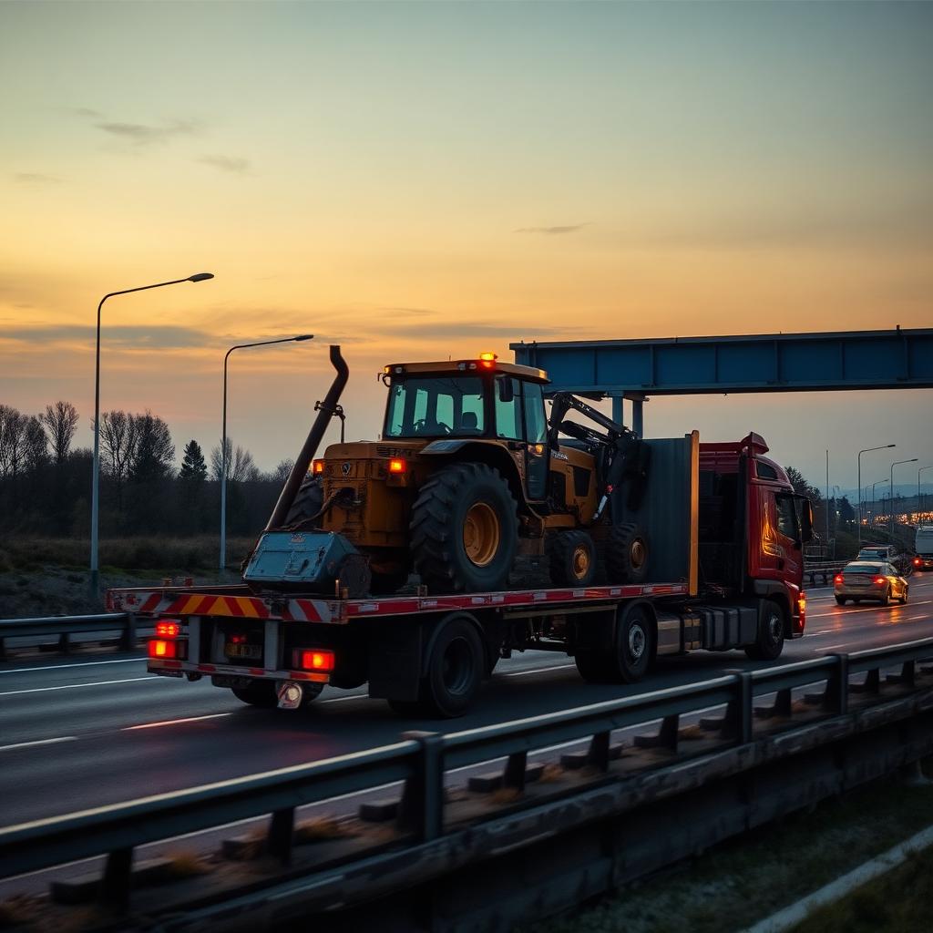 Heavy machinery loaded on a flatbed truck crossing a European motorway