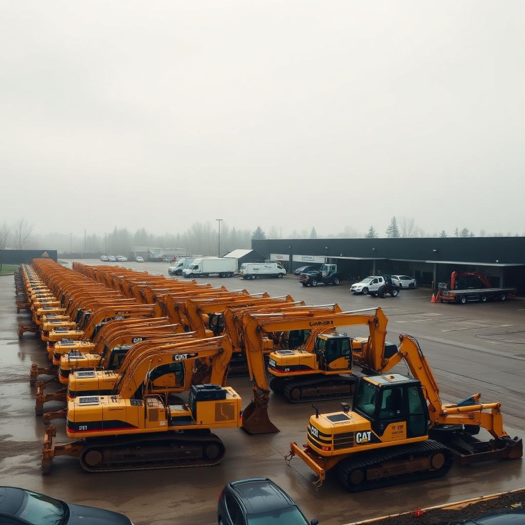 Row of parked excavators in a dealer yard on an overcast morning