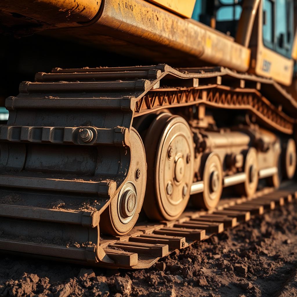 Close-up of worn excavator tracks and undercarriage